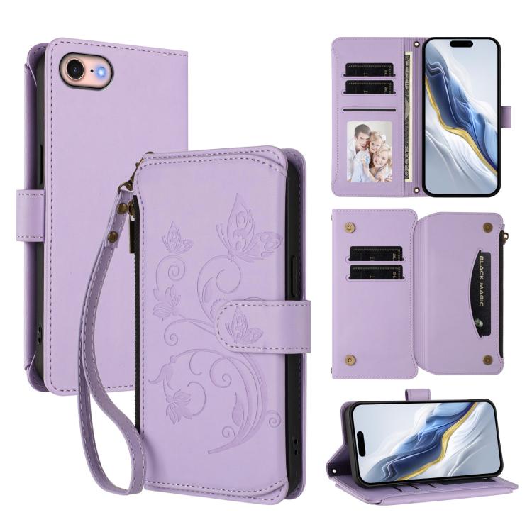 Ốp lưng điện thoại ví da có khóa kéo đa thẻ họa tiết hoa tình yêu bướm, dành cho iPhone 15, iPhone 14 Plus, iPhone 14 / 13, iPhone 14 Pro, iPhone 14 Pro Max, iPhone 7 / 8 / SE 2022