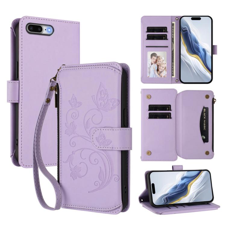 Ví da khóa kéo đa thẻ hoa tình yêu bướm, dành cho iPhone 7 Plus / 8 Plus