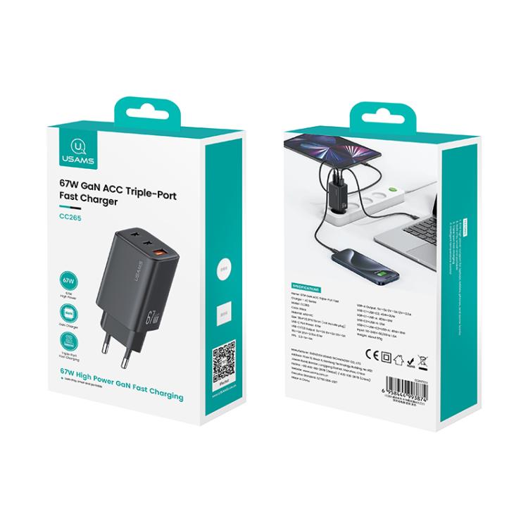 Sạc nhanh mini USAMS CC265 67W GaN 2 x Type-C, USB cổng ba, CC265