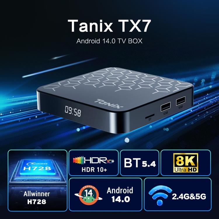 Tanix TX7 8K UHD Hộp TV Thông Minh Android 14 với điều khiển từ xa, Allwinner H728 Octa-Core, 2GB+16GB, 4GB+32GB