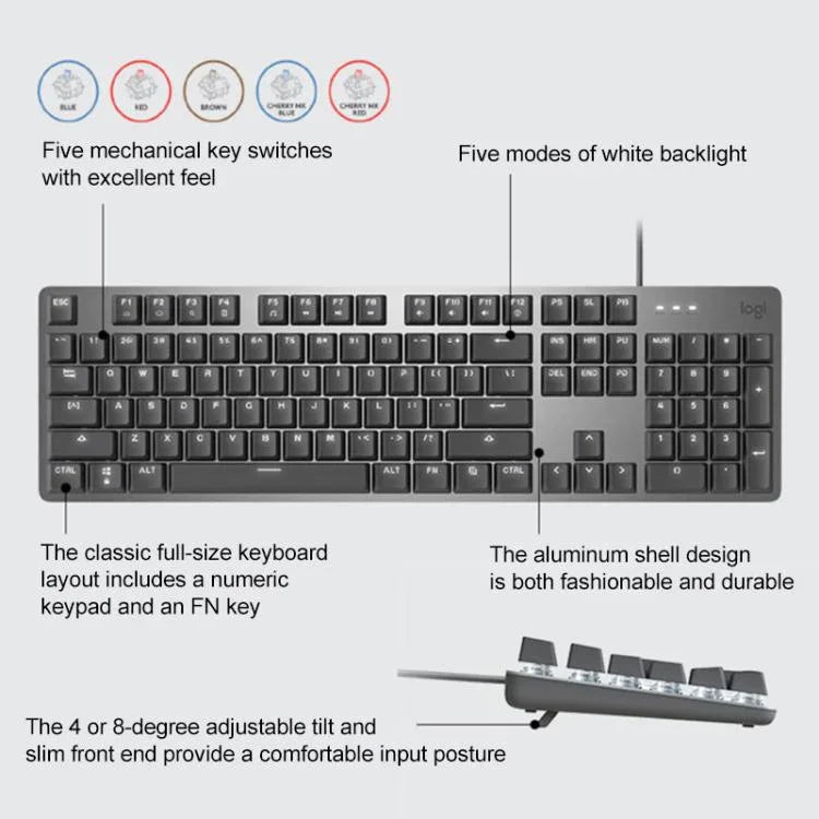 Bàn phím cơ có dây Logitech K845 đèn nền, chiều dài cáp: 1,8m, trục Longhua nâu, trục Longhua đỏ