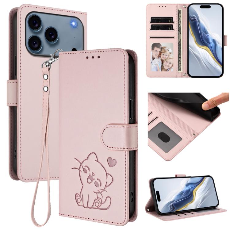 Ốp lưng điện thoại da dập nổi hình mèo trái tim có dây đeo tay, dành cho iPhone 17e / 16e, iPhone 17 Pro Max, iPhone 17 Pro, iPhone 17