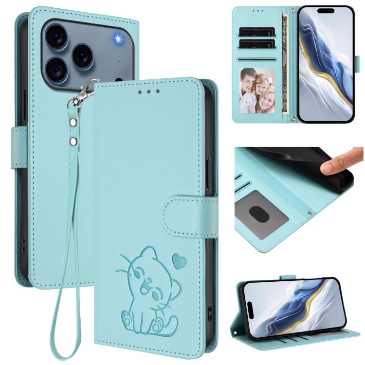 Ốp lưng điện thoại da dập nổi hình mèo trái tim có dây đeo tay, dành cho iPhone 17e / 16e, iPhone 17 Pro Max, iPhone 17 Pro, iPhone 17
