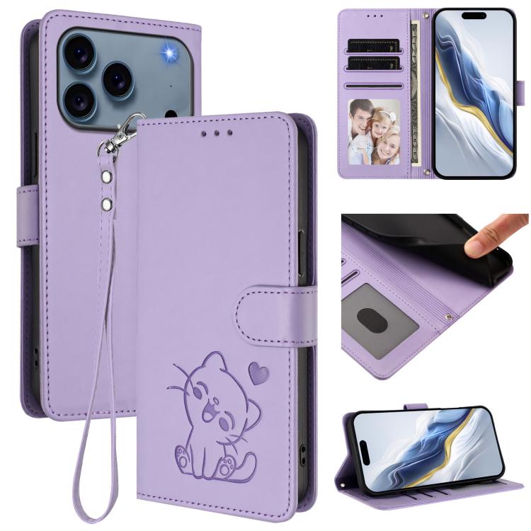 Ốp lưng điện thoại da dập nổi hình mèo trái tim có dây đeo tay, dành cho iPhone 17e / 16e, iPhone 17 Pro Max, iPhone 17 Pro, iPhone 17