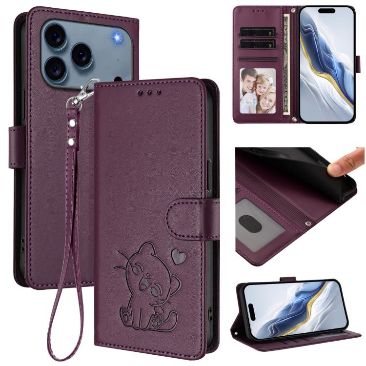 Ốp lưng điện thoại da dập nổi hình mèo trái tim có dây đeo tay, dành cho iPhone 17e / 16e, iPhone 17 Pro Max, iPhone 17 Pro, iPhone 17