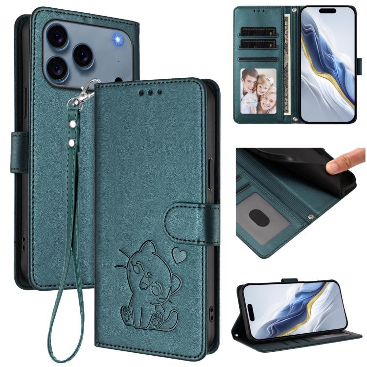 Ốp lưng điện thoại da dập nổi hình mèo trái tim có dây đeo tay, dành cho iPhone 17e / 16e, iPhone 17 Pro Max, iPhone 17 Pro, iPhone 17