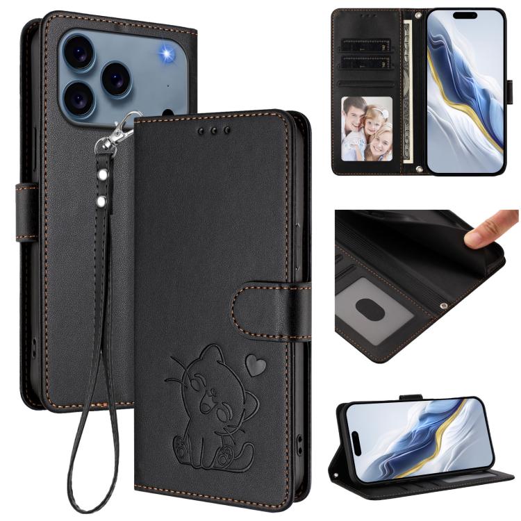 Ốp lưng điện thoại da dập nổi hình mèo trái tim có dây đeo tay, dành cho iPhone 17e / 16e, iPhone 17 Pro Max, iPhone 17 Pro, iPhone 17