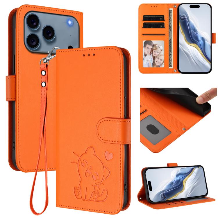 Ốp lưng điện thoại da dập nổi hình mèo trái tim có dây đeo tay, dành cho iPhone 17e / 16e, iPhone 17 Pro Max, iPhone 17 Pro, iPhone 17