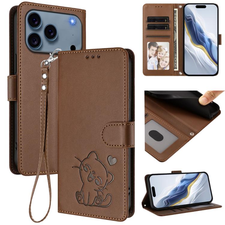 Ốp lưng điện thoại da dập nổi hình mèo trái tim có dây đeo tay, dành cho iPhone 17e / 16e, iPhone 17 Pro Max, iPhone 17 Pro, iPhone 17