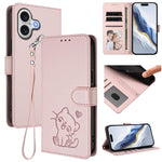 Ốp lưng điện thoại da dập nổi hình mèo trái tim có dây đeo tay, dành cho iPhone 17e / 16e, iPhone 17 Pro Max, iPhone 17 Pro, iPhone 17