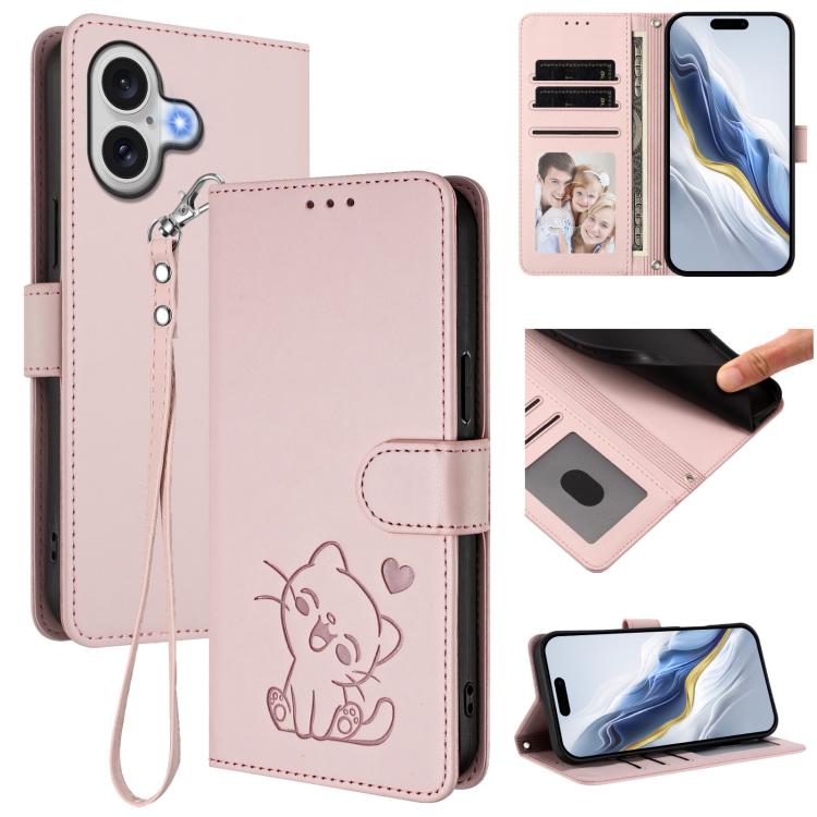 Ốp lưng điện thoại da dập nổi hình mèo trái tim có dây đeo tay, dành cho iPhone 17e / 16e, iPhone 17 Pro Max, iPhone 17 Pro, iPhone 17