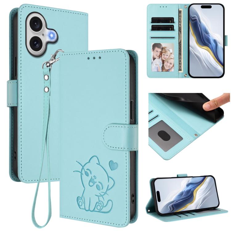 Ốp lưng điện thoại da dập nổi hình mèo trái tim có dây đeo tay, dành cho iPhone 17e / 16e, iPhone 17 Pro Max, iPhone 17 Pro, iPhone 17
