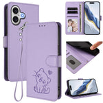 Ốp lưng điện thoại da dập nổi hình mèo trái tim có dây đeo tay, dành cho iPhone 17e / 16e, iPhone 17 Pro Max, iPhone 17 Pro, iPhone 17