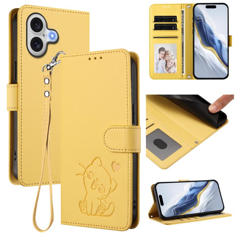 Ốp lưng điện thoại da dập nổi hình mèo trái tim có dây đeo tay, dành cho iPhone 17e / 16e, iPhone 17 Pro Max, iPhone 17 Pro, iPhone 17