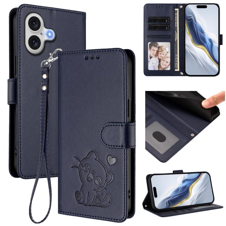 Ốp lưng điện thoại da dập nổi hình mèo trái tim có dây đeo tay, dành cho iPhone 17e / 16e, iPhone 17 Pro Max, iPhone 17 Pro, iPhone 17