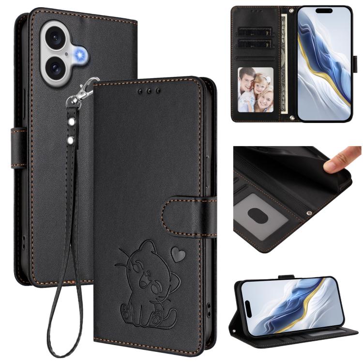 Ốp lưng điện thoại da dập nổi hình mèo trái tim có dây đeo tay, dành cho iPhone 17e / 16e, iPhone 17 Pro Max, iPhone 17 Pro, iPhone 17