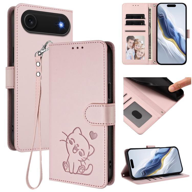 Ốp lưng điện thoại da dập nổi hình mèo trái tim có dây đeo tay, dành cho iPhone Air, iPhone 16 Pro Max, iPhone 16 Pro, iPhone 16 Plus