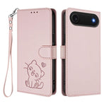 Ốp lưng điện thoại da dập nổi hình mèo trái tim có dây đeo tay, dành cho iPhone Air, iPhone 16 Pro Max, iPhone 16 Pro, iPhone 16 Plus