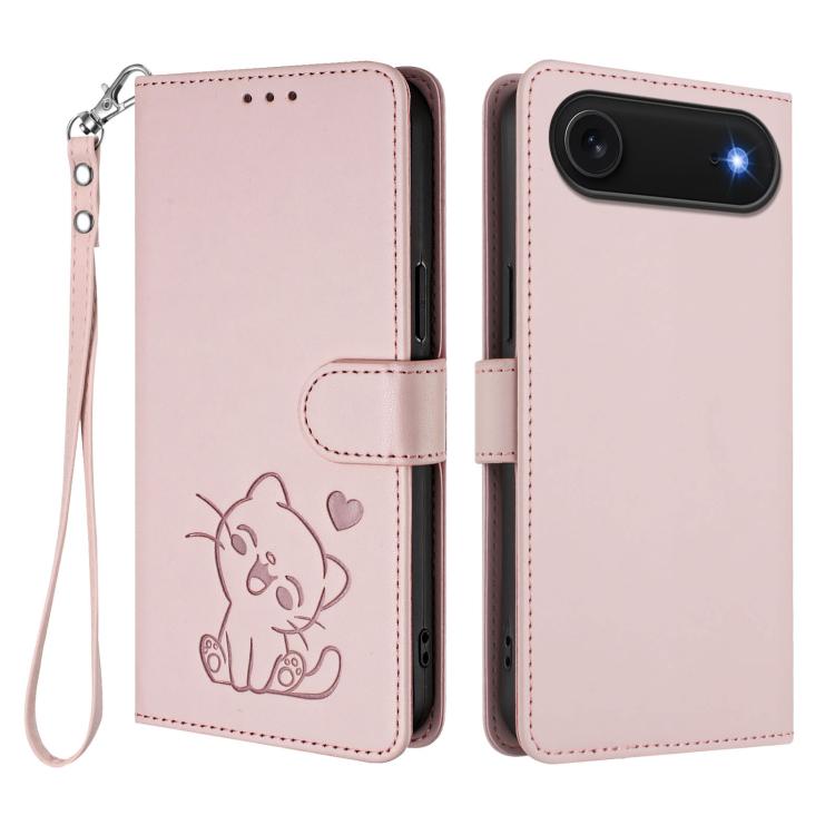 Ốp lưng điện thoại da dập nổi hình mèo trái tim có dây đeo tay, dành cho iPhone Air, iPhone 16 Pro Max, iPhone 16 Pro, iPhone 16 Plus
