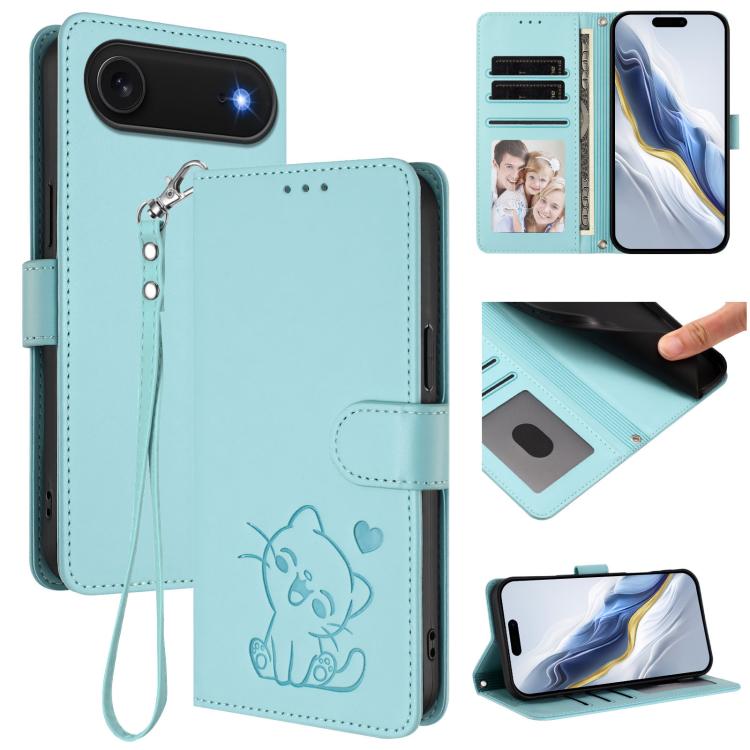 Ốp lưng điện thoại da dập nổi hình mèo trái tim có dây đeo tay, dành cho iPhone Air, iPhone 16 Pro Max, iPhone 16 Pro, iPhone 16 Plus