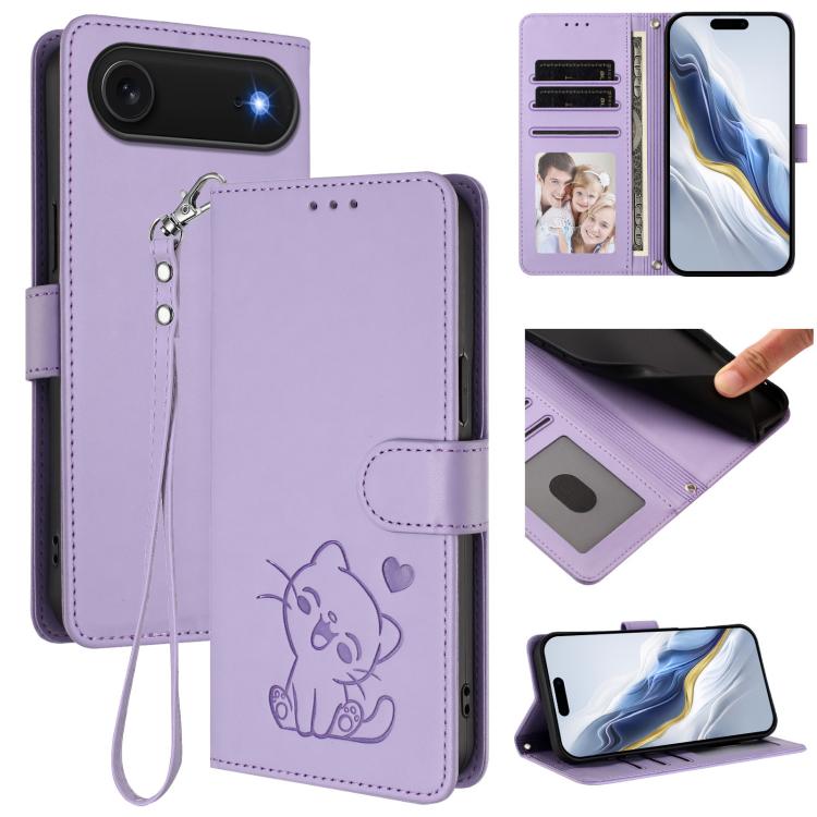 Ốp lưng điện thoại da dập nổi hình mèo trái tim có dây đeo tay, dành cho iPhone Air, iPhone 16 Pro Max, iPhone 16 Pro, iPhone 16 Plus
