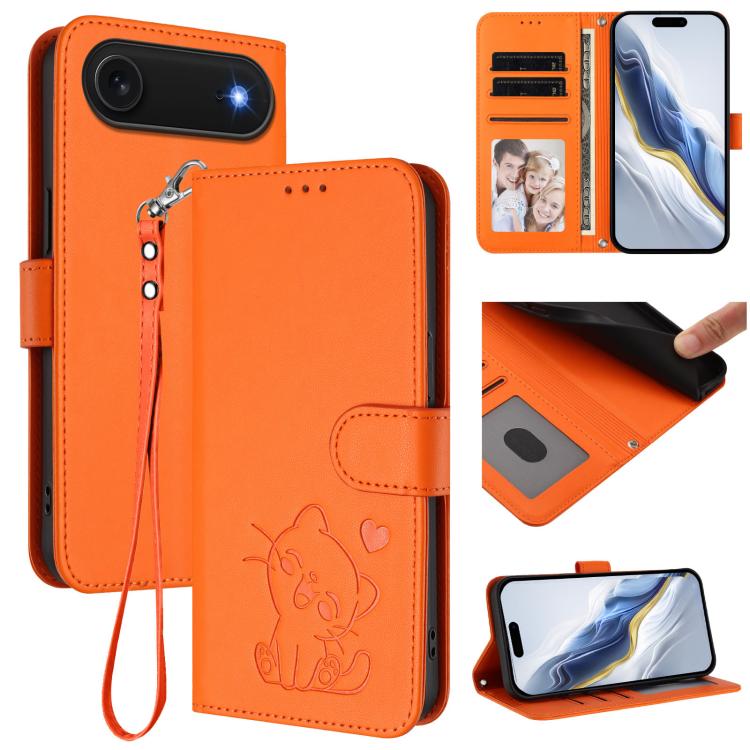 Ốp lưng điện thoại da dập nổi hình mèo trái tim có dây đeo tay, dành cho iPhone Air, iPhone 16 Pro Max, iPhone 16 Pro, iPhone 16 Plus