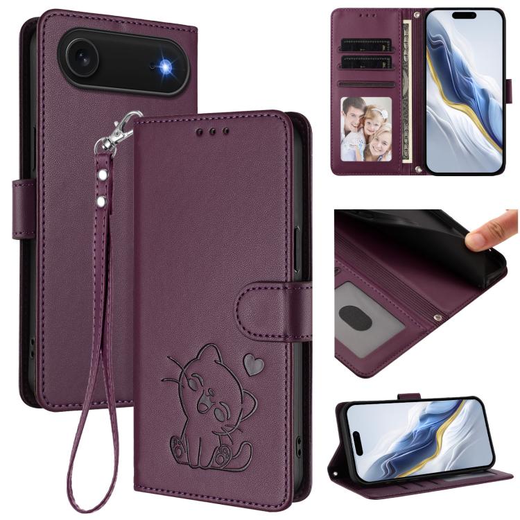Ốp lưng điện thoại da dập nổi hình mèo trái tim có dây đeo tay, dành cho iPhone Air, iPhone 16 Pro Max, iPhone 16 Pro, iPhone 16 Plus