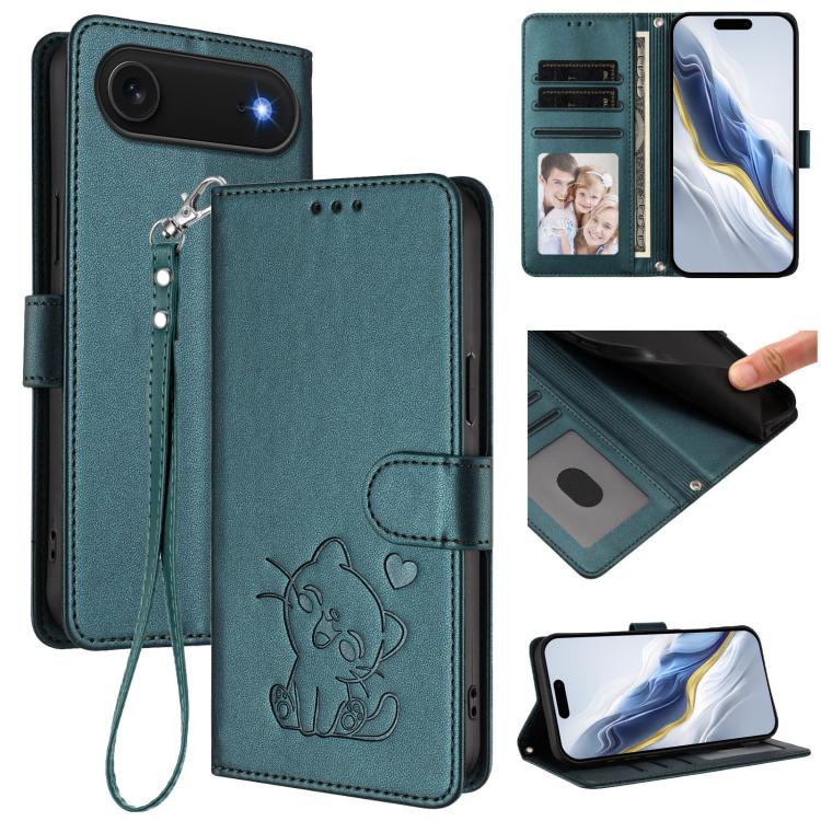 Ốp lưng điện thoại da dập nổi hình mèo trái tim có dây đeo tay, dành cho iPhone Air, iPhone 16 Pro Max, iPhone 16 Pro, iPhone 16 Plus