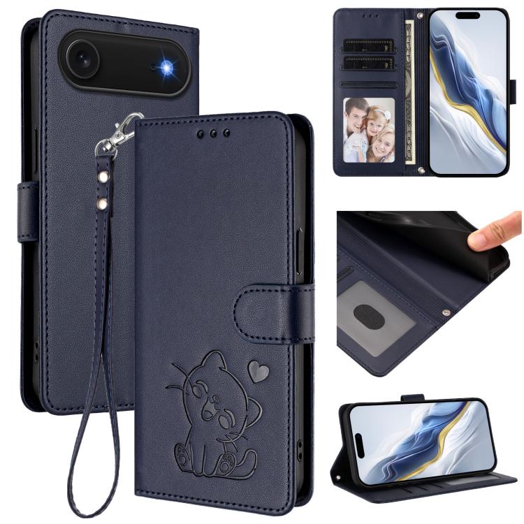 Ốp lưng điện thoại da dập nổi hình mèo trái tim có dây đeo tay, dành cho iPhone Air, iPhone 16 Pro Max, iPhone 16 Pro, iPhone 16 Plus