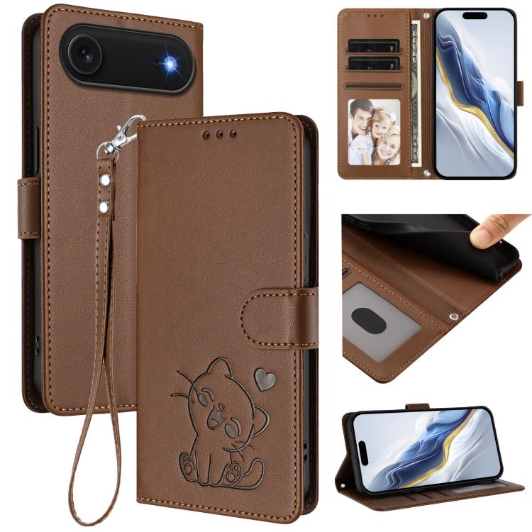 Ốp lưng điện thoại da dập nổi hình mèo trái tim có dây đeo tay, dành cho iPhone Air, iPhone 16 Pro Max, iPhone 16 Pro, iPhone 16 Plus