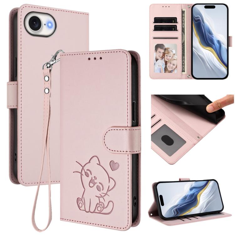 Ốp lưng điện thoại da dập nổi hình mèo trái tim có dây đeo tay, dành cho iPhone 17e / 16e, iPhone 17 Pro Max, iPhone 17 Pro, iPhone 17