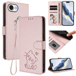 Ốp lưng điện thoại da dập nổi hình mèo trái tim có dây đeo tay, dành cho iPhone 17e / 16e, iPhone 17 Pro Max, iPhone 17 Pro, iPhone 17