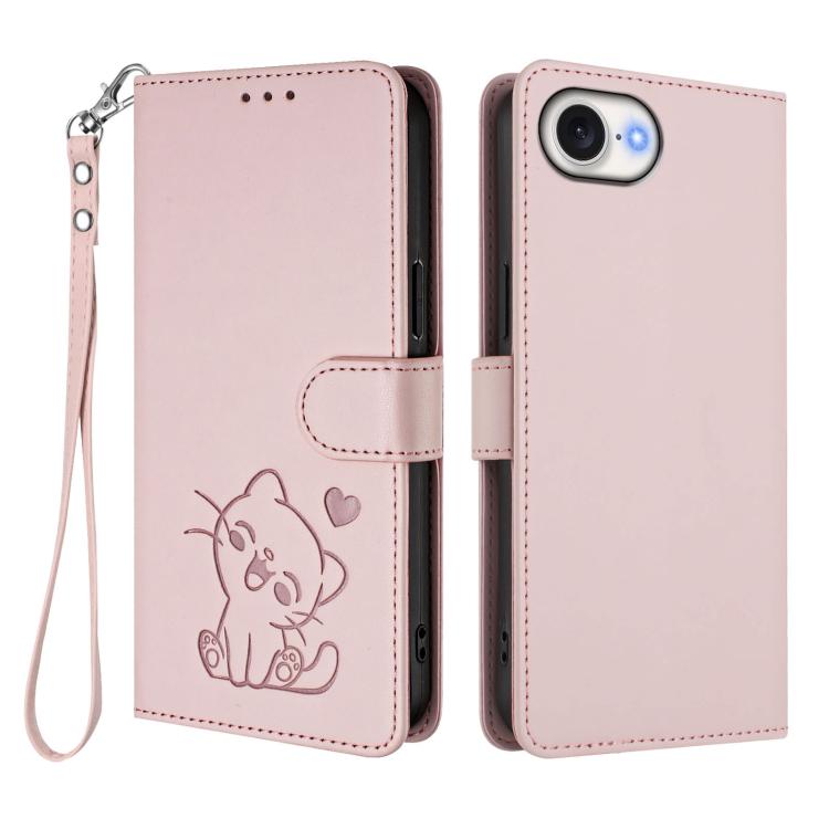 Ốp lưng điện thoại da dập nổi hình mèo trái tim có dây đeo tay, dành cho iPhone 17e / 16e, iPhone 17 Pro Max, iPhone 17 Pro, iPhone 17