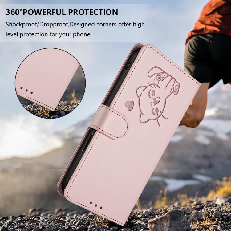 Ốp lưng điện thoại da dập nổi hình mèo trái tim có dây đeo tay, dành cho iPhone 17e / 16e, iPhone 17 Pro Max, iPhone 17 Pro, iPhone 17