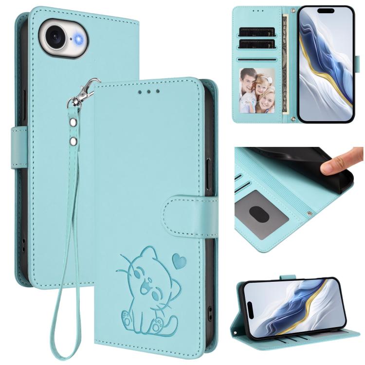 Ốp lưng điện thoại da dập nổi hình mèo trái tim có dây đeo tay, dành cho iPhone 17e / 16e, iPhone 17 Pro Max, iPhone 17 Pro, iPhone 17