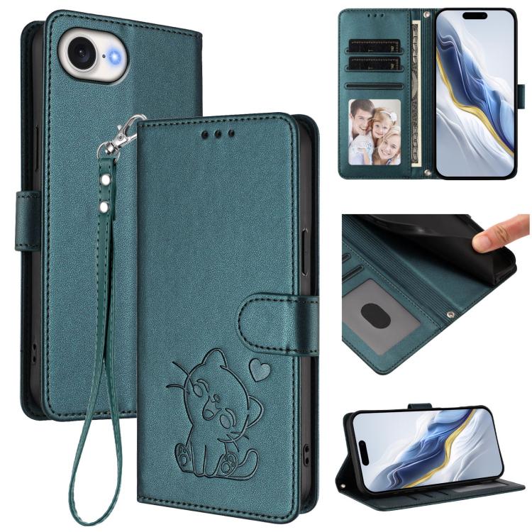 Ốp lưng điện thoại da dập nổi hình mèo trái tim có dây đeo tay, dành cho iPhone 17e / 16e, iPhone 17 Pro Max, iPhone 17 Pro, iPhone 17