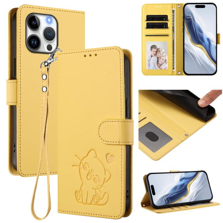 Ốp lưng điện thoại da dập nổi hình mèo trái tim có dây đeo tay, dành cho iPhone Air, iPhone 16 Pro Max, iPhone 16 Pro, iPhone 16 Plus