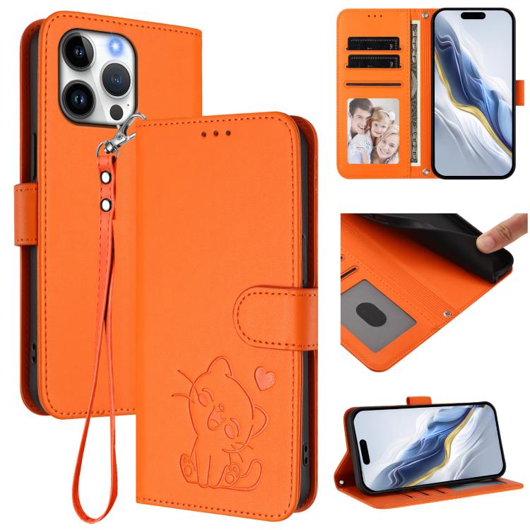 Ốp lưng điện thoại da dập nổi hình mèo trái tim có dây đeo tay, dành cho iPhone Air, iPhone 16 Pro Max, iPhone 16 Pro, iPhone 16 Plus