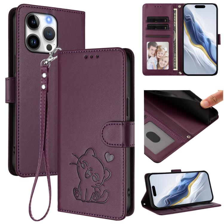 Ốp lưng điện thoại da dập nổi hình mèo trái tim có dây đeo tay, dành cho iPhone Air, iPhone 16 Pro Max, iPhone 16 Pro, iPhone 16 Plus