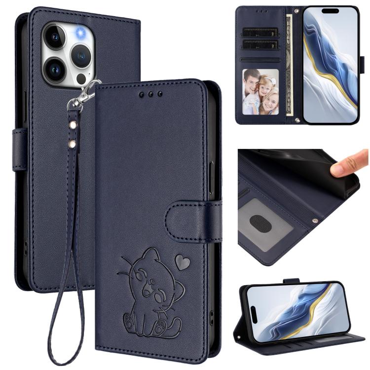 Ốp lưng điện thoại da dập nổi hình mèo trái tim có dây đeo tay, dành cho iPhone Air, iPhone 16 Pro Max, iPhone 16 Pro, iPhone 16 Plus