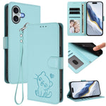 Ốp lưng điện thoại da dập nổi hình mèo trái tim có dây đeo tay, dành cho iPhone Air, iPhone 16 Pro Max, iPhone 16 Pro, iPhone 16 Plus