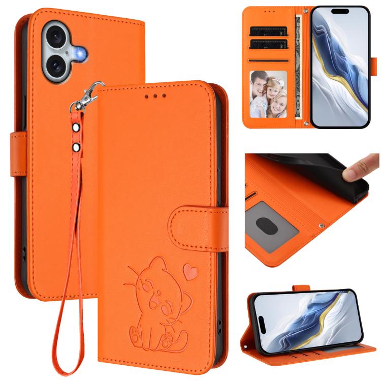Ốp lưng điện thoại da dập nổi hình mèo trái tim có dây đeo tay, dành cho iPhone Air, iPhone 16 Pro Max, iPhone 16 Pro, iPhone 16 Plus