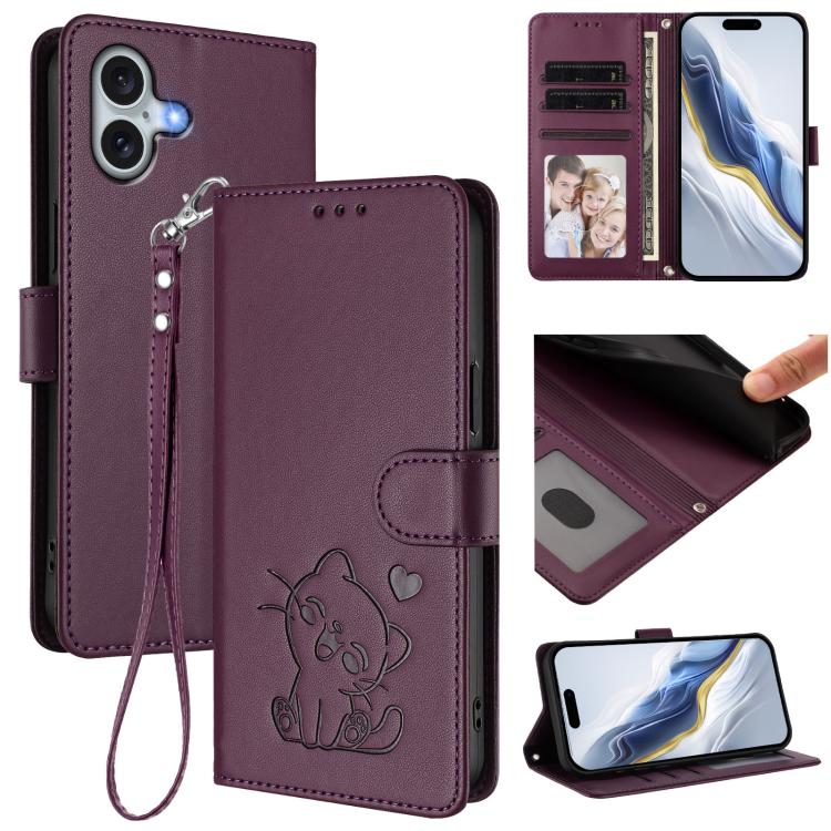 Ốp lưng điện thoại da dập nổi hình mèo trái tim có dây đeo tay, dành cho iPhone Air, iPhone 16 Pro Max, iPhone 16 Pro, iPhone 16 Plus