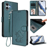 Ốp lưng điện thoại da dập nổi hình mèo trái tim có dây đeo tay, dành cho iPhone Air, iPhone 16 Pro Max, iPhone 16 Pro, iPhone 16 Plus