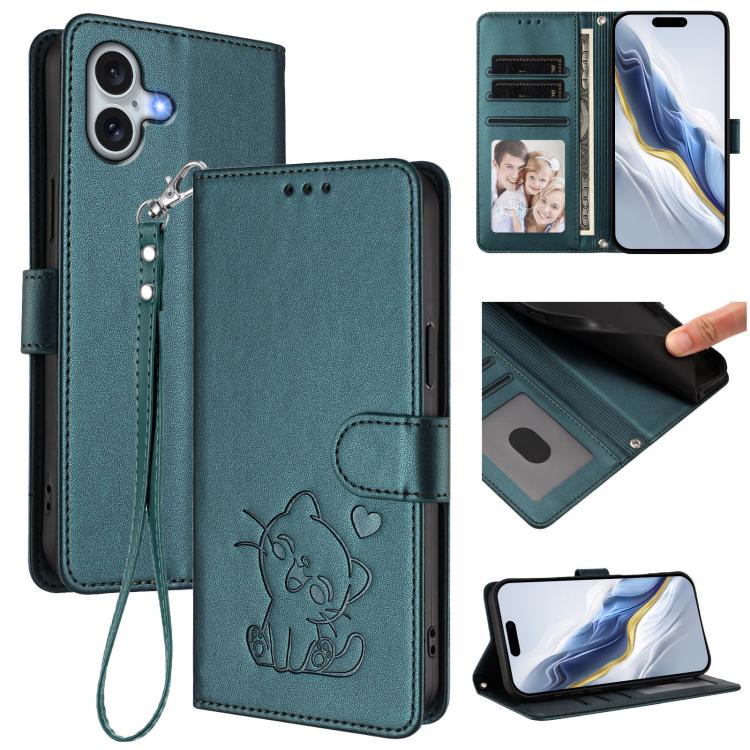 Ốp lưng điện thoại da dập nổi hình mèo trái tim có dây đeo tay, dành cho iPhone Air, iPhone 16 Pro Max, iPhone 16 Pro, iPhone 16 Plus