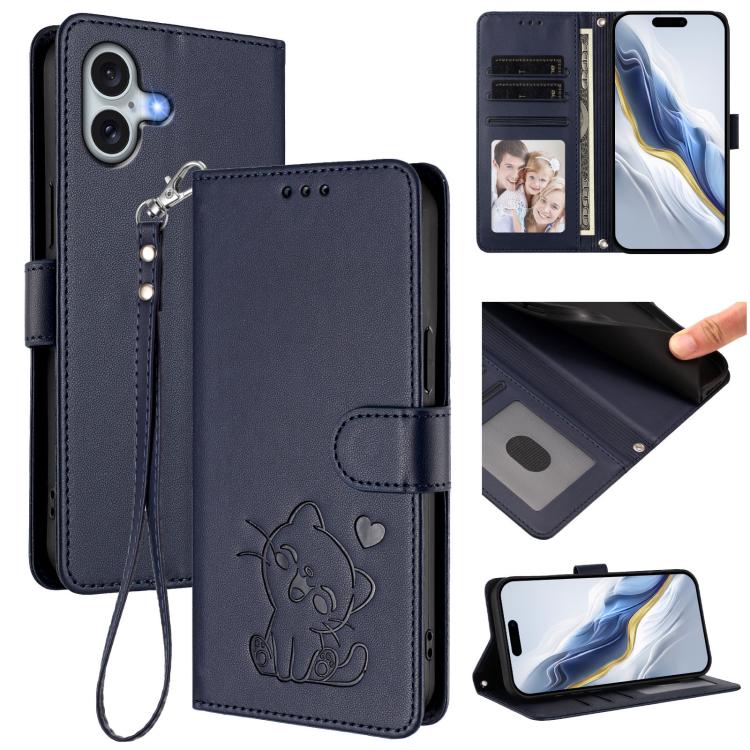 Ốp lưng điện thoại da dập nổi hình mèo trái tim có dây đeo tay, dành cho iPhone Air, iPhone 16 Pro Max, iPhone 16 Pro, iPhone 16 Plus