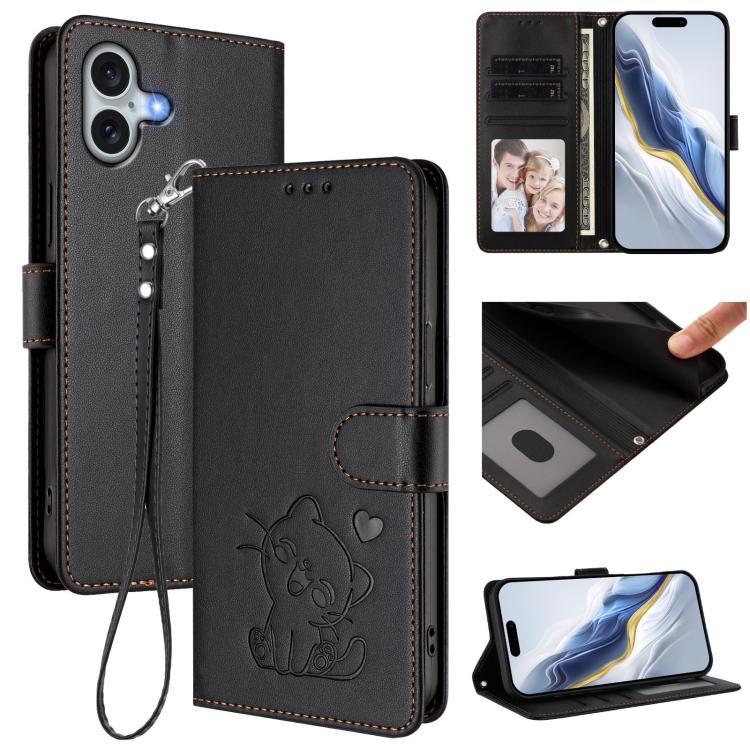Ốp lưng điện thoại da dập nổi hình mèo trái tim có dây đeo tay, dành cho iPhone Air, iPhone 16 Pro Max, iPhone 16 Pro, iPhone 16 Plus