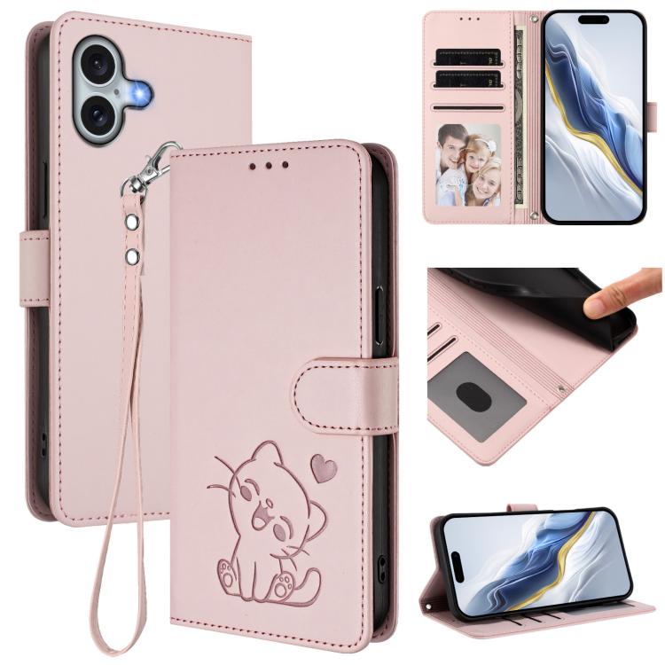 Embossed Heart Cat Leather Phone Case with Hand Strap, For iPhone 16, For iPhone 15 Pro Max, For iPhone 15 Pro, For iPhone 15 Plus