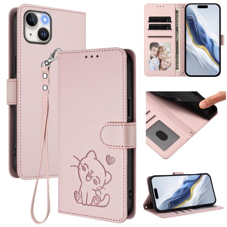 Embossed Heart Cat Leather Phone Case with Hand Strap, For iPhone 15, For iPhone 14 Plus, For iPhone 14 / 13, For iPhone 14 Pro