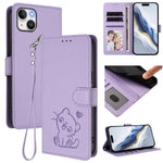 Ốp điện thoại da hình mèo trái tim nổi với dây đeo tay, Dành cho iPhone 15, Dành cho iPhone 14 Plus, Dành cho iPhone 14 / 13, Dành cho iPhone 14 Pro